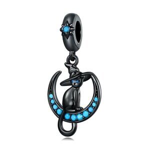 Black Plated Gold over Sterling Silver Black Cat on Turquoise Moon Dangl…